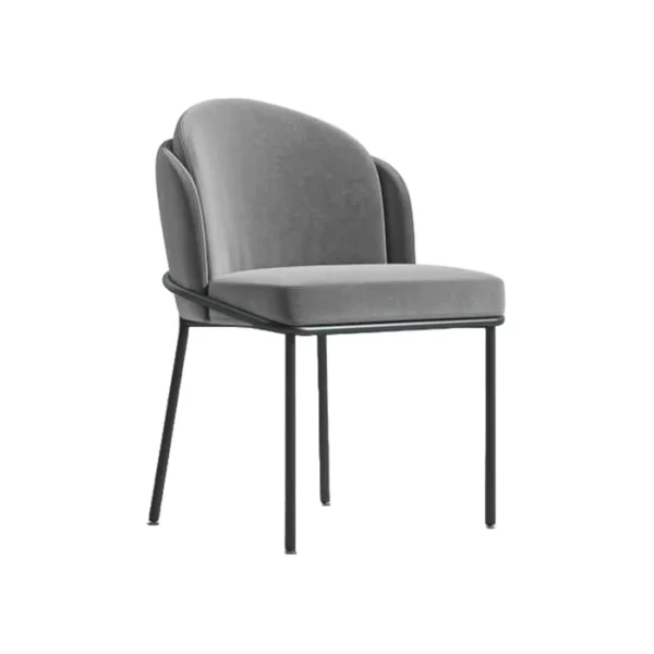 Modern metal dining room chair with a minimalist frame, straight backrest, and slim legs, placed beside a dining table