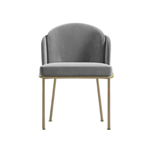 Modern metal dining room chair with a minimalist frame, straight backrest, and slim legs, placed beside a dining table